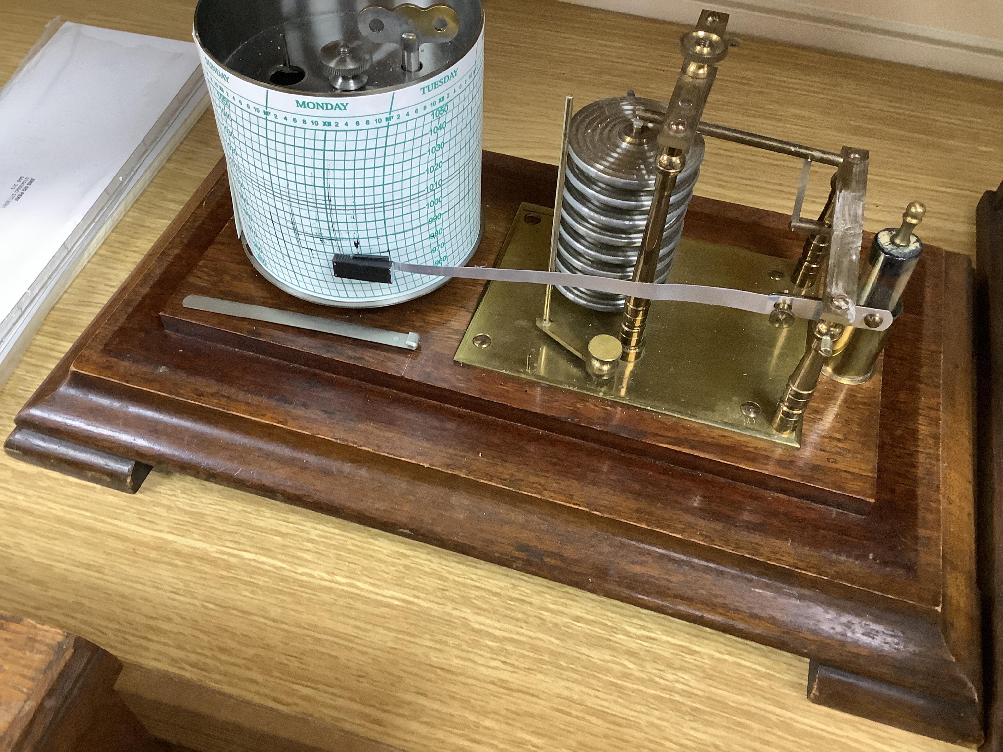 An early 20th century mahogany cased barograph by an unknown maker, with a quantity of unused papers.